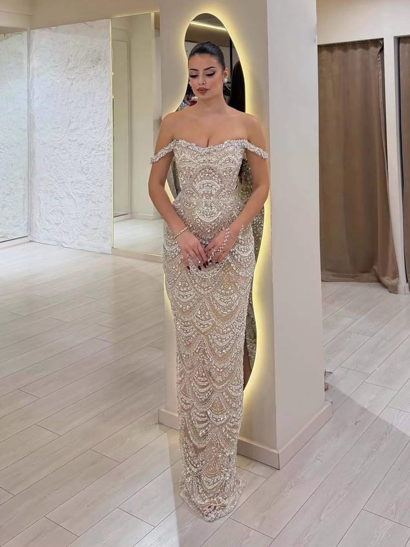 Luxury Nude Pearl Beaded Mermaid Off Shoulder Evening Dress LA73395A - SERENE  HILL