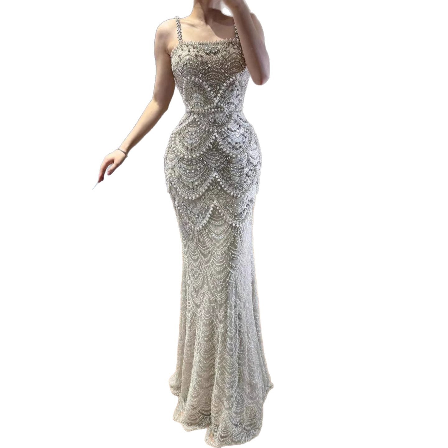 Luxury Nude Pearls Beaded Mermaid Evening Dress LA73395B - SERENE  HILL