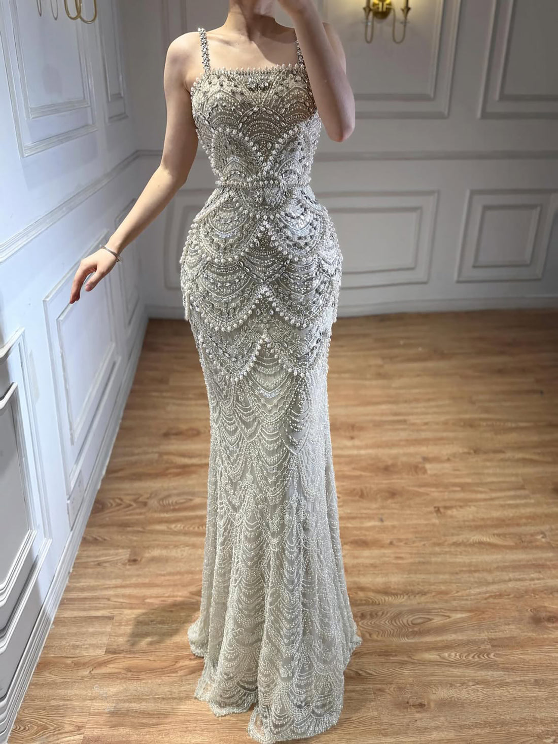 Luxury Nude Pearls Beaded Mermaid Evening Dress LA73395B - SERENE  HILL