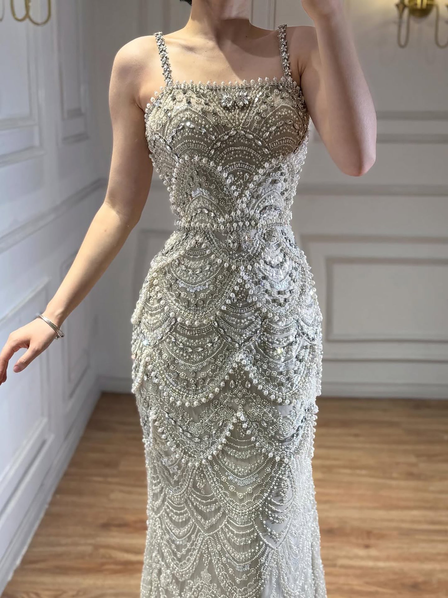 Luxury Nude Pearls Beaded Mermaid Evening Dress LA73395B - SERENE  HILL