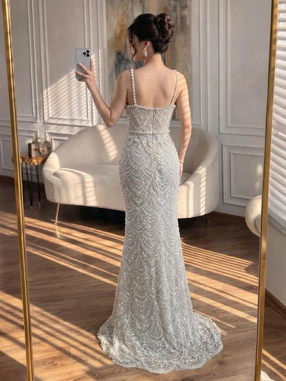 Luxury Nude Pearls Beaded Mermaid Evening Dress LA73395B - SERENE  HILL
