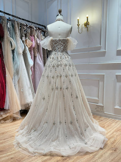 Luxury Gray Blue A-Line Dreamy Beaded Evening Dress With Necklace LA73397 SERENE HILL