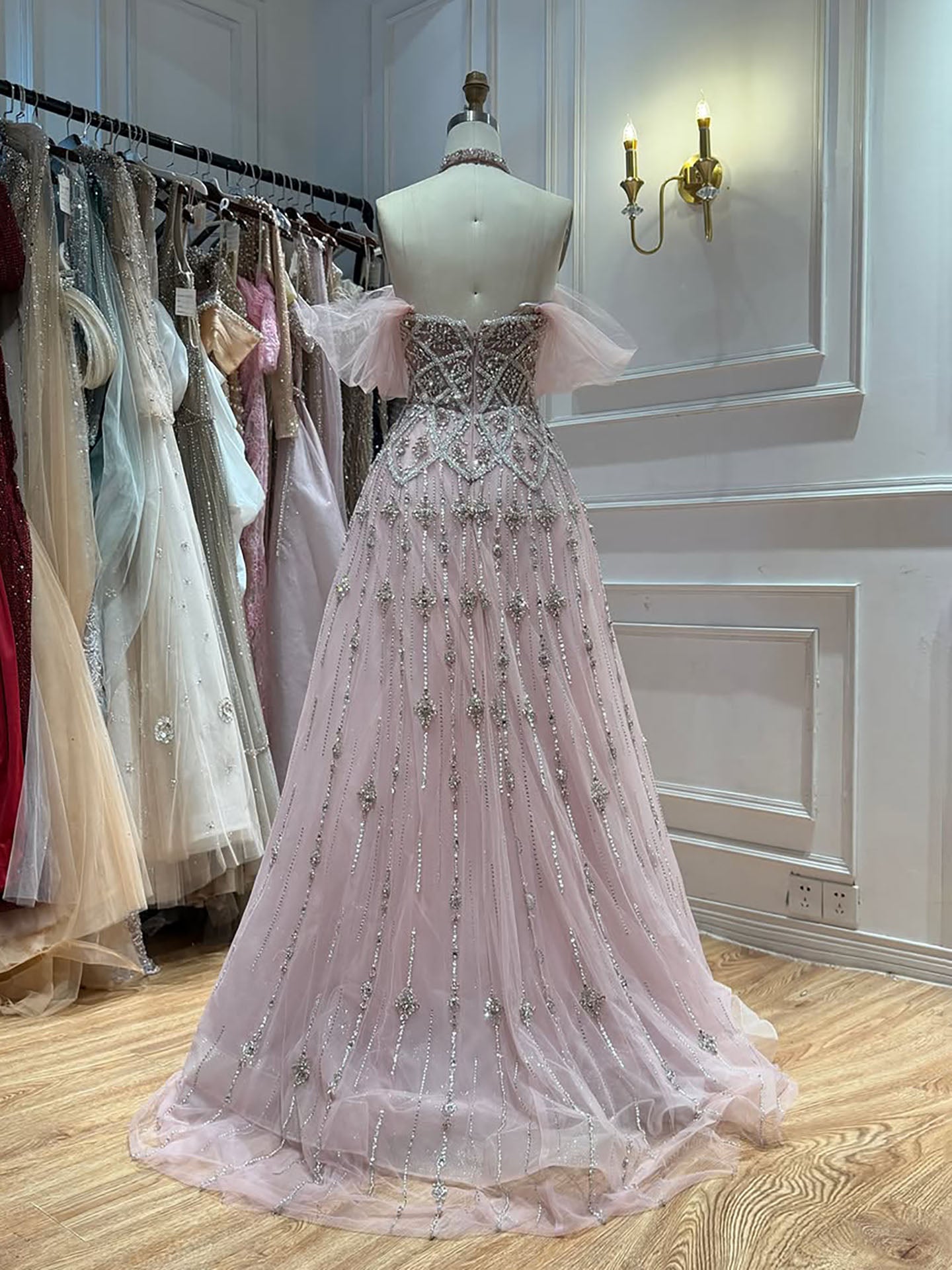 Luxury Gray Blue A-Line Dreamy Beaded Evening Dress With Necklace LA73397 SERENE HILL