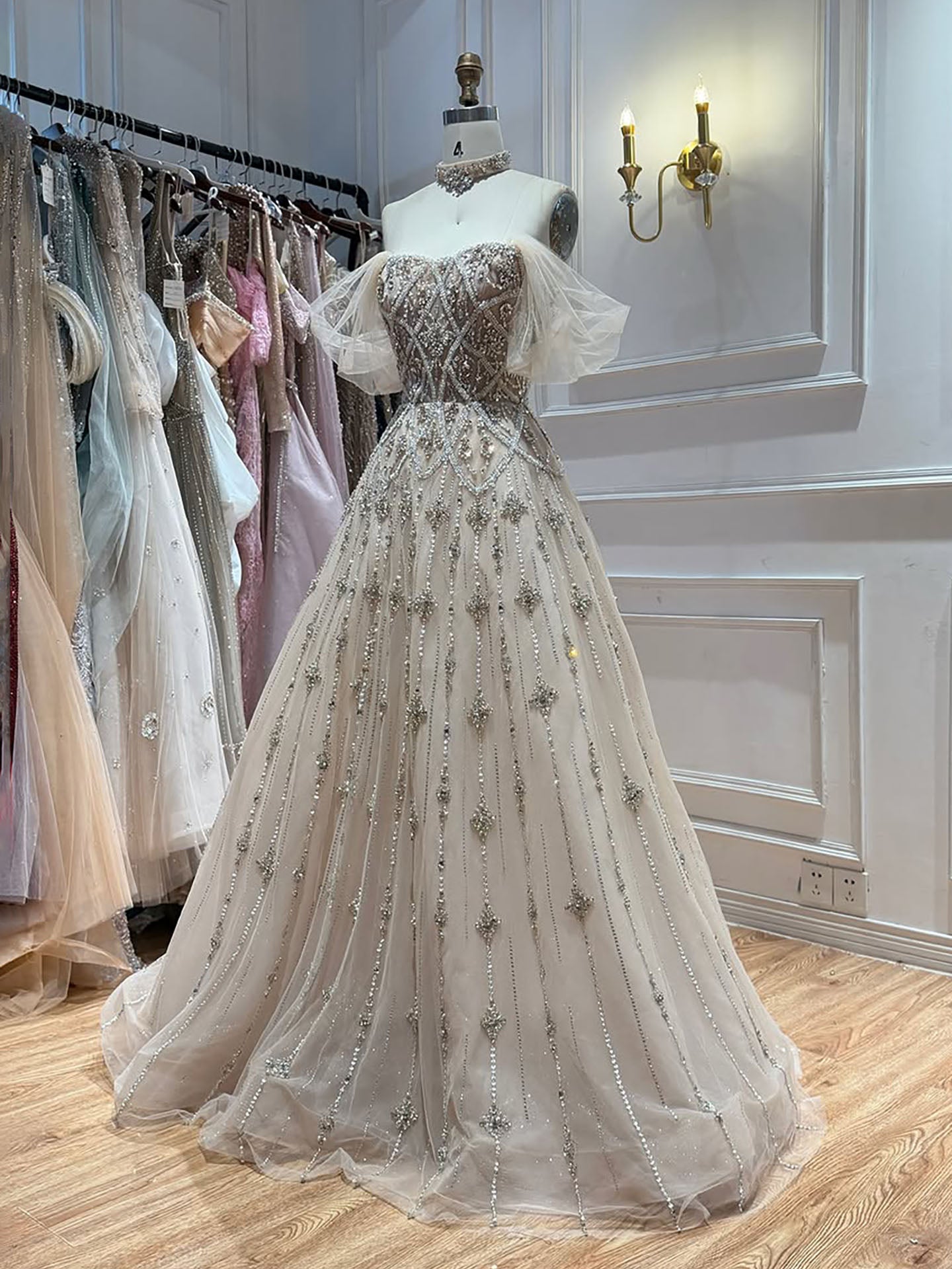 Luxury Gray Blue A-Line Dreamy Beaded Evening Dress With Necklace LA73397 SERENE HILL