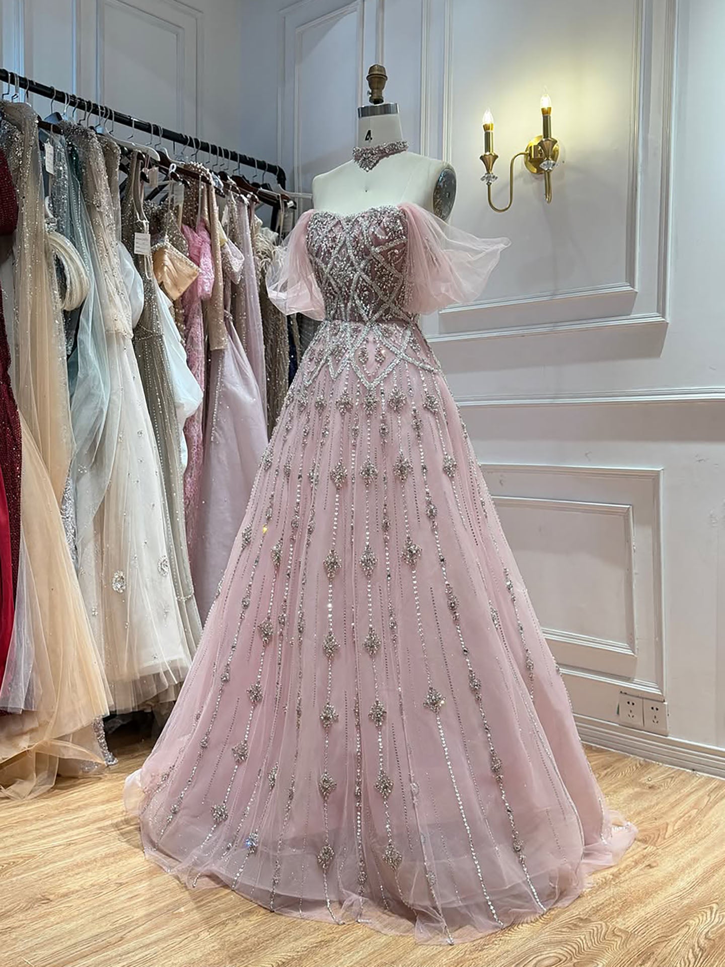 Luxury Gray Blue A-Line Dreamy Beaded Evening Dress With Necklace LA73397 SERENE HILL