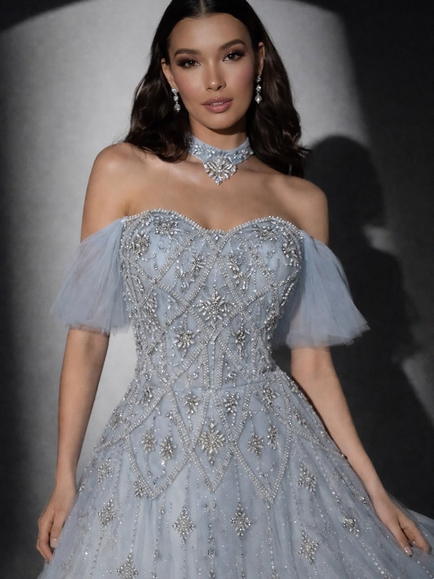 Luxury Gray Blue A-Line Dreamy Beaded Evening Dress With Necklace LA73397