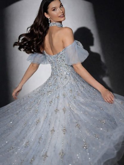 Luxury Gray Blue A-Line Dreamy Beaded Evening Dress With Necklace LA73397