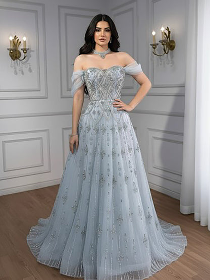 Luxury Gray Blue A-Line Dreamy Beaded Evening Dress With Necklace LA73397 - SERENE  HILL