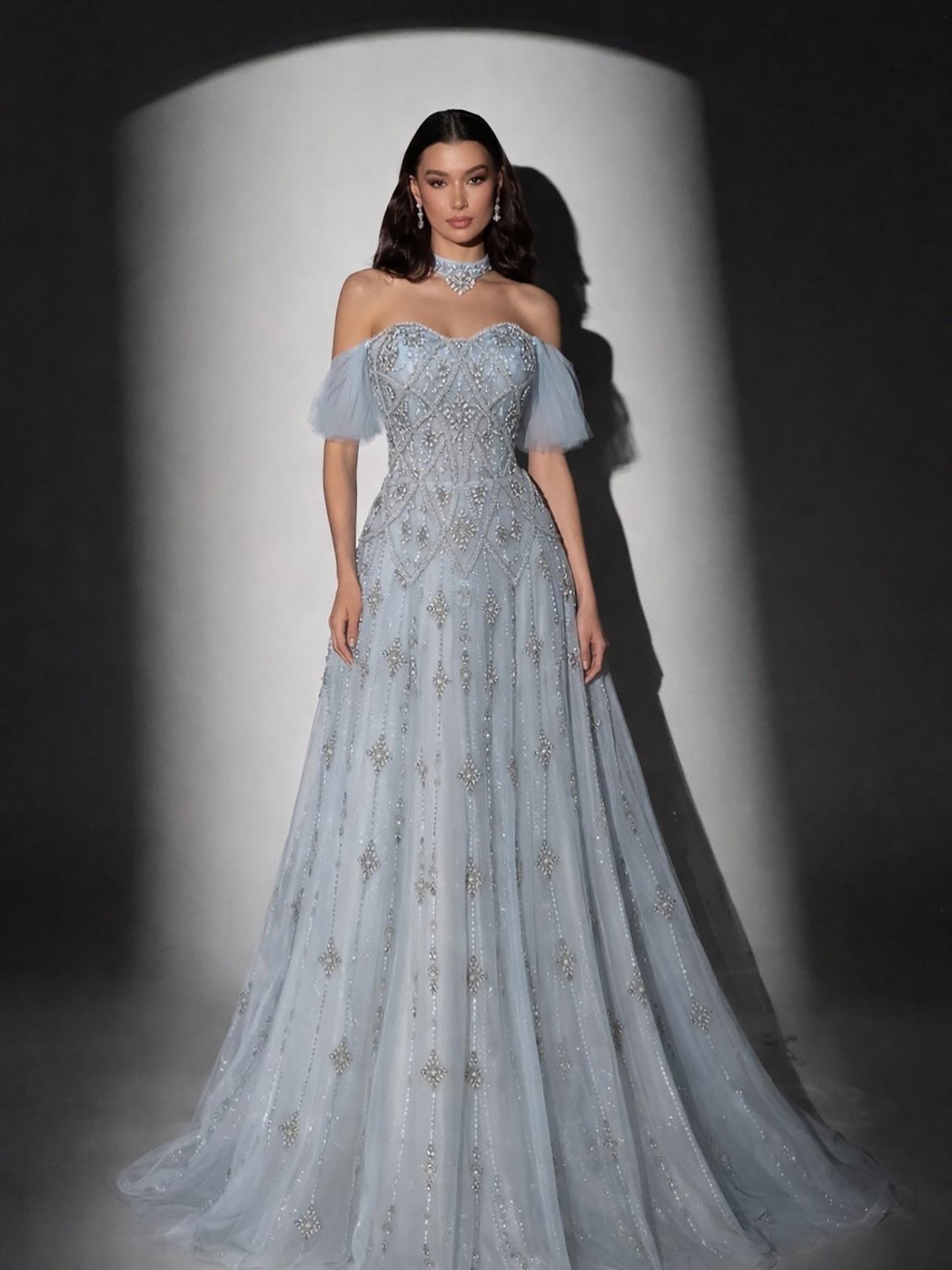 Luxury Gray Blue A-Line Dreamy Beaded Evening Dress With Necklace LA73397