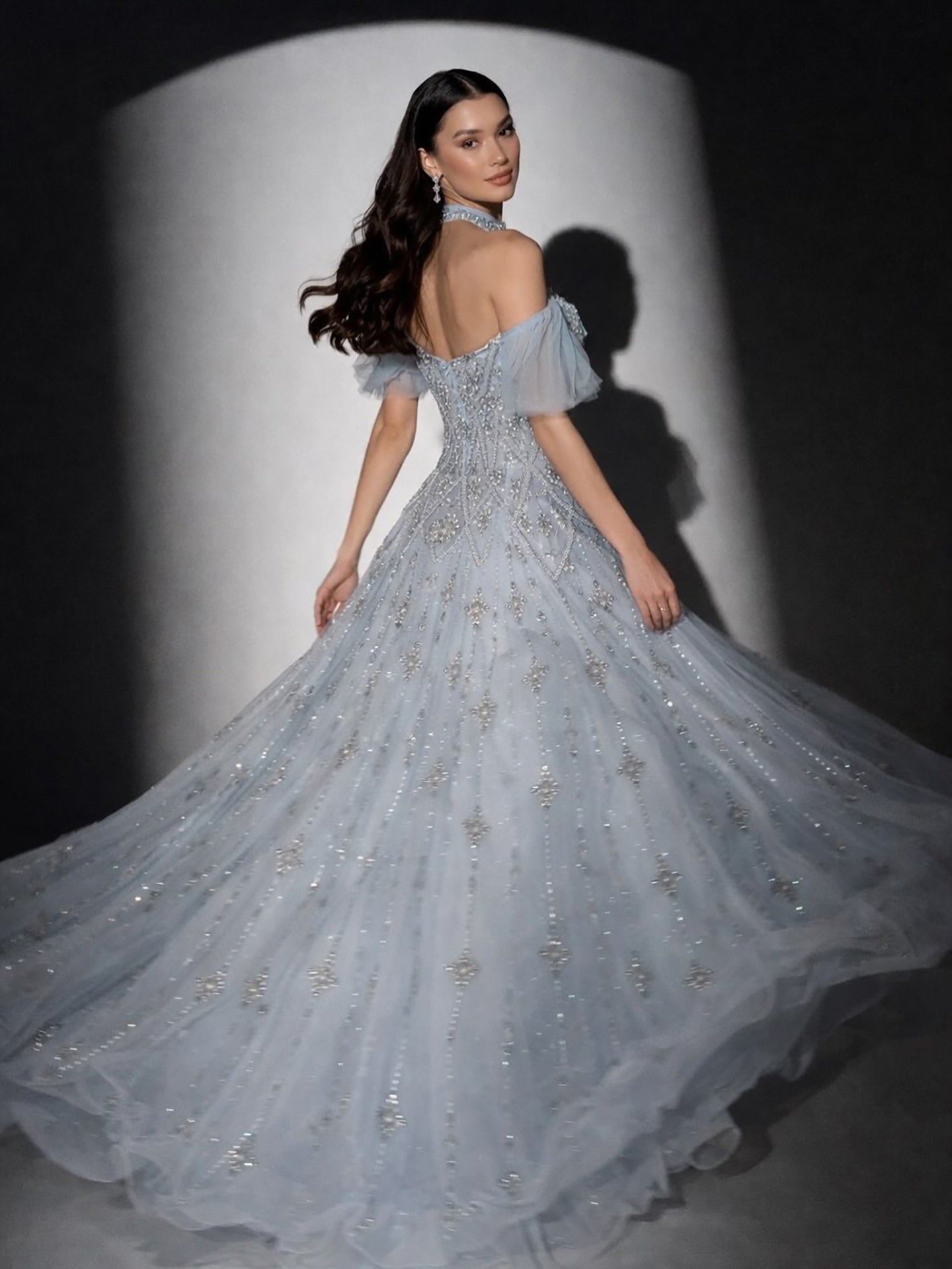 Luxury Gray Blue A-Line Dreamy Beaded Evening Dress With Necklace LA73397