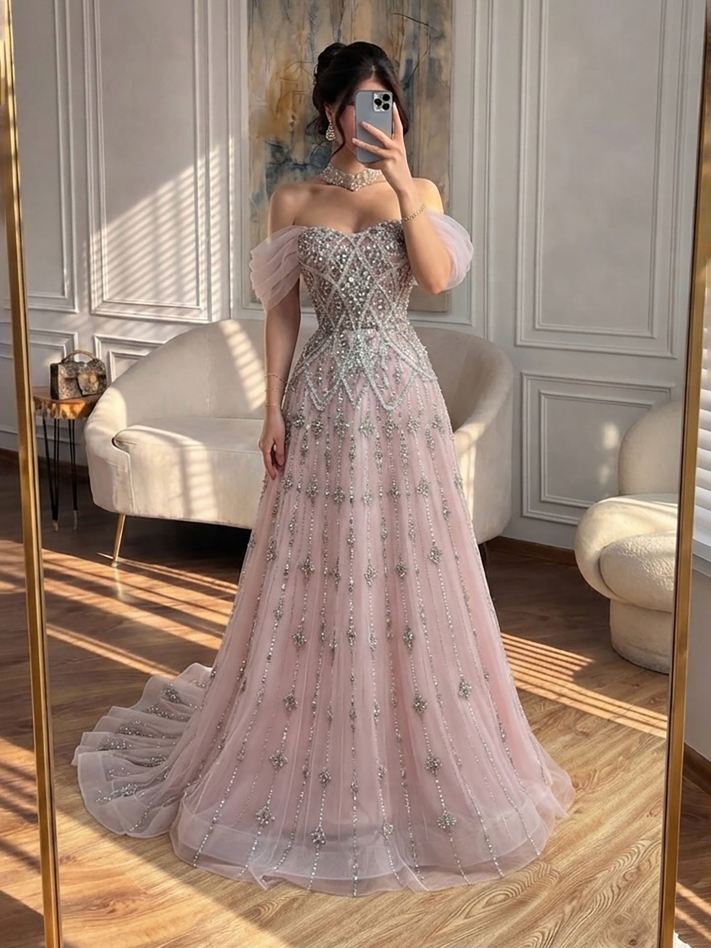 Luxury Gray Blue A-Line Dreamy Beaded Evening Dress With Necklace LA73397 SERENE HILL