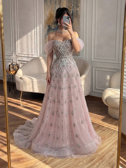Luxury Gray Blue A-Line Dreamy Beaded Evening Dress With Necklace LA73397 SERENE HILL