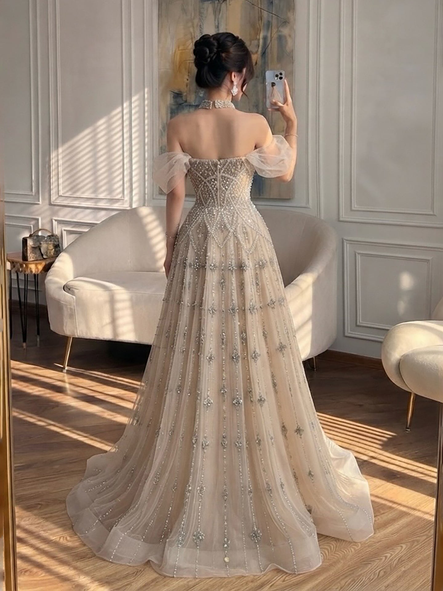 Luxury Gray Blue A-Line Dreamy Beaded Evening Dress With Necklace LA73397 SERENE HILL