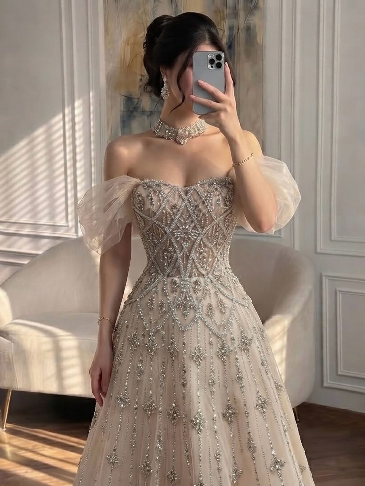 Luxury Gray Blue A-Line Dreamy Beaded Evening Dress With Necklace LA73397 SERENE HILL