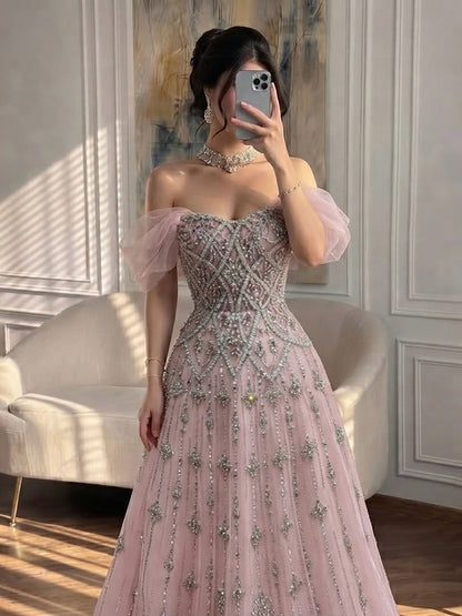 Luxury Gray Blue A-Line Dreamy Beaded Evening Dress With Necklace LA73397 SERENE HILL