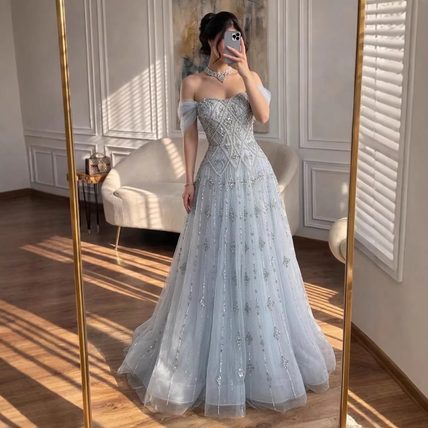 Luxury Gray Blue A-Line Dreamy Beaded Evening Dress With Necklace LA73397 Gray Blue / 8