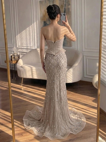 Luxury Nude Crystal Beaded Corset Mermaid Evening Dress LA73400 SERENE HILL