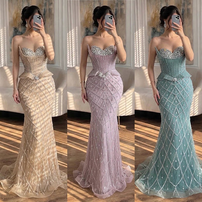 Luxury Nude Crystal Beaded Mermaid Evening Dress LA73400A