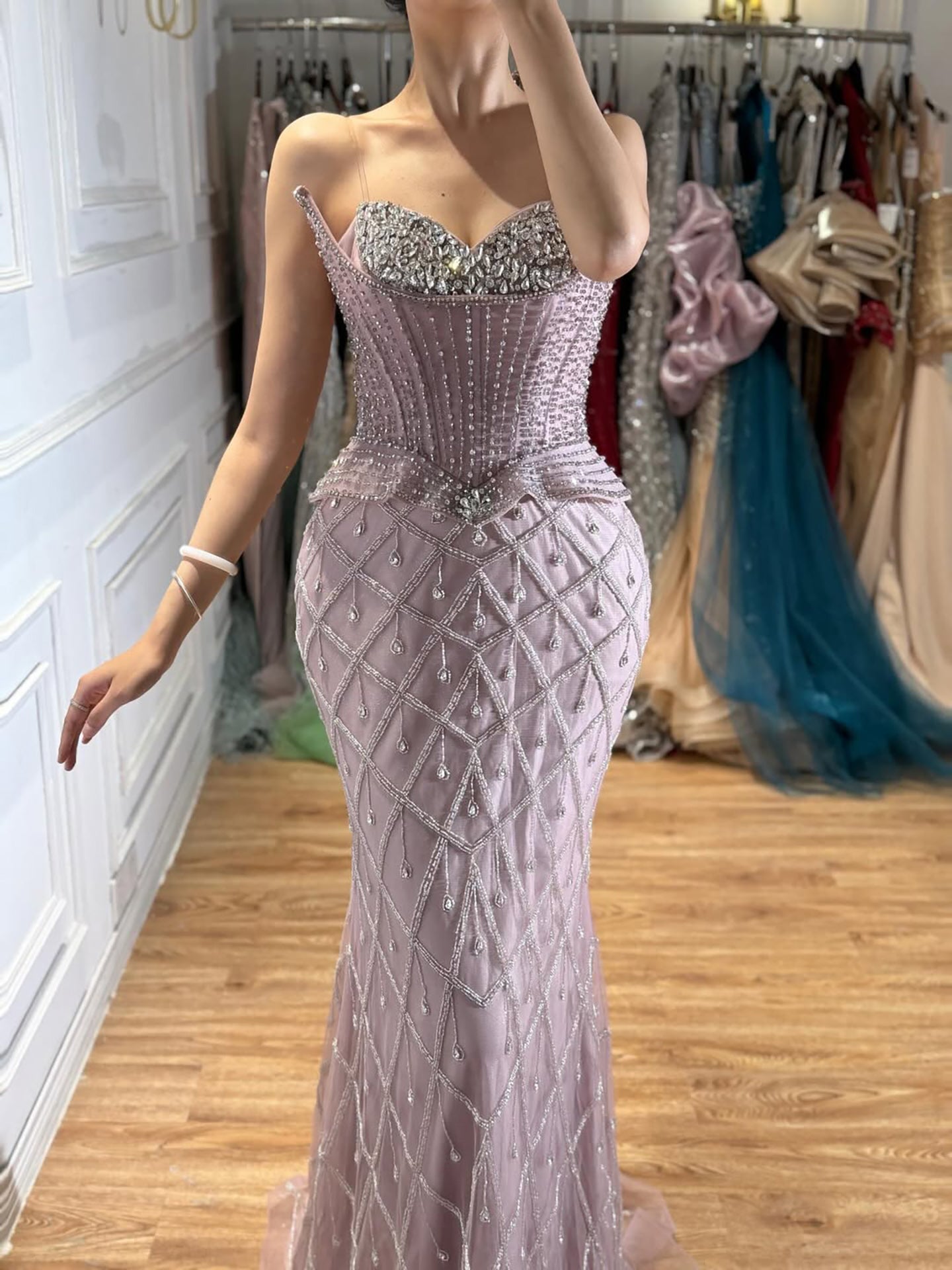 Luxury Nude Crystal Beaded Mermaid Evening Dress LA73400A