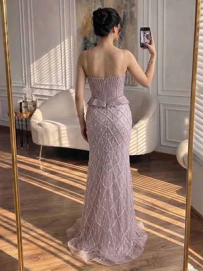 Luxury Nude Crystal Beaded Mermaid Evening Dress LA73400A