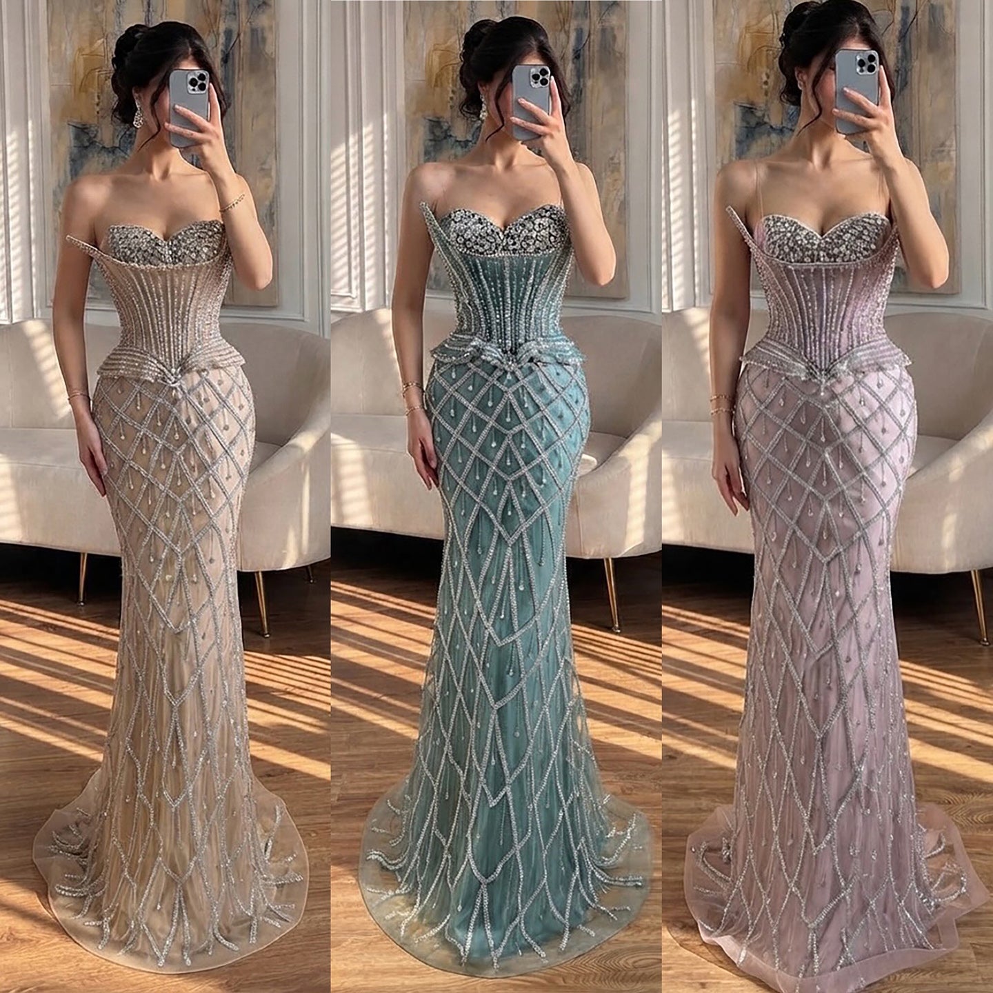 Luxury Nude Crystal Beaded Strapless Peplum Mermaid Dress LA73400B SERENE HILL
