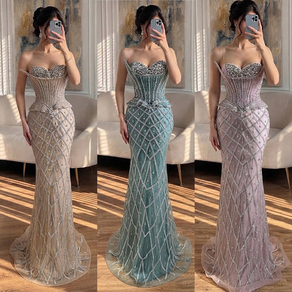 Luxury Nude Crystal Beaded Strapless Peplum Mermaid Dress LA73400B SERENE HILL
