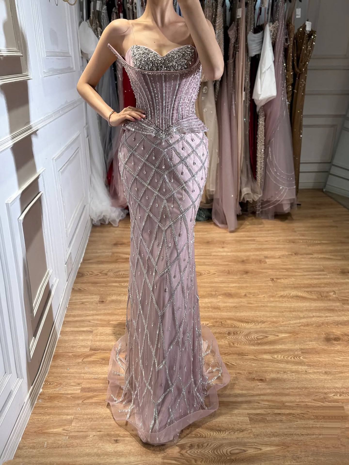Luxury Nude Crystal Beaded Strapless Peplum Mermaid Dress LA73400B SERENE HILL