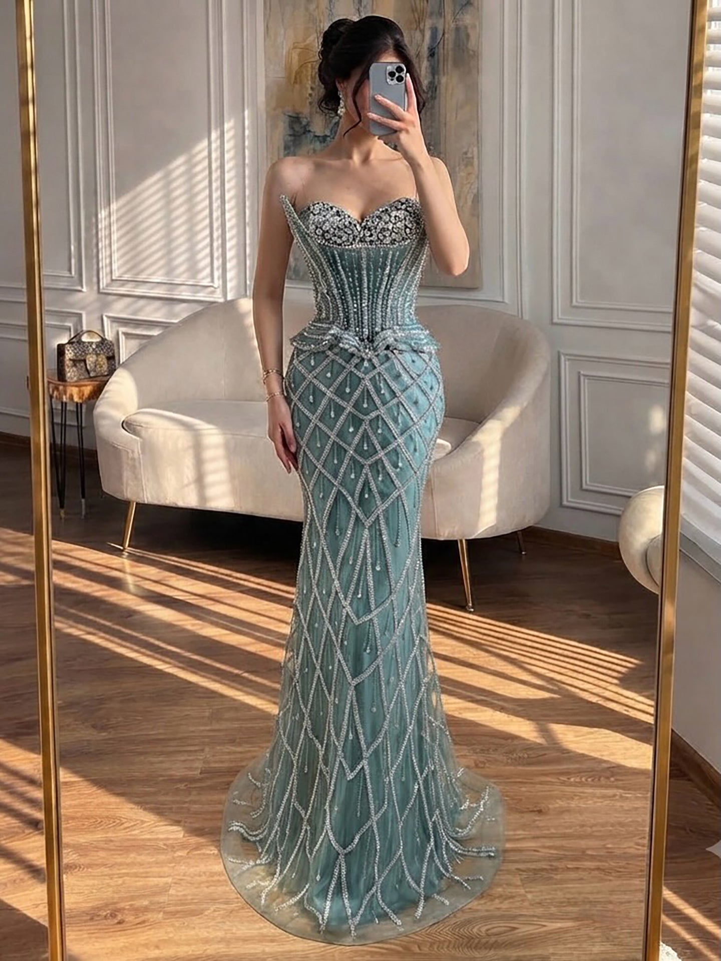 Luxury Nude Crystal Beaded Strapless Peplum Mermaid Dress LA73400B SERENE HILL
