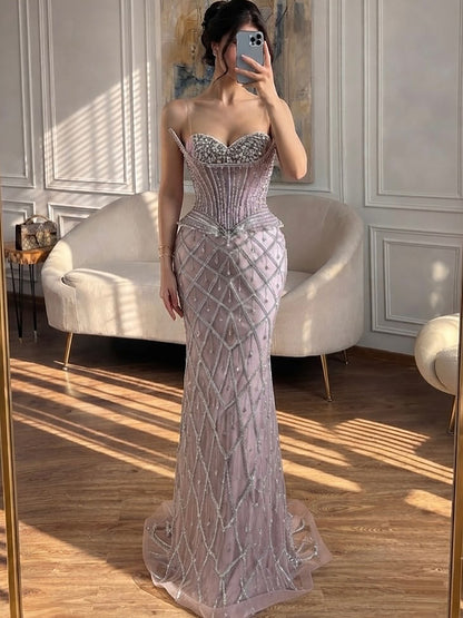 Luxury Nude Crystal Beaded Strapless Peplum Mermaid Dress LA73400B SERENE HILL