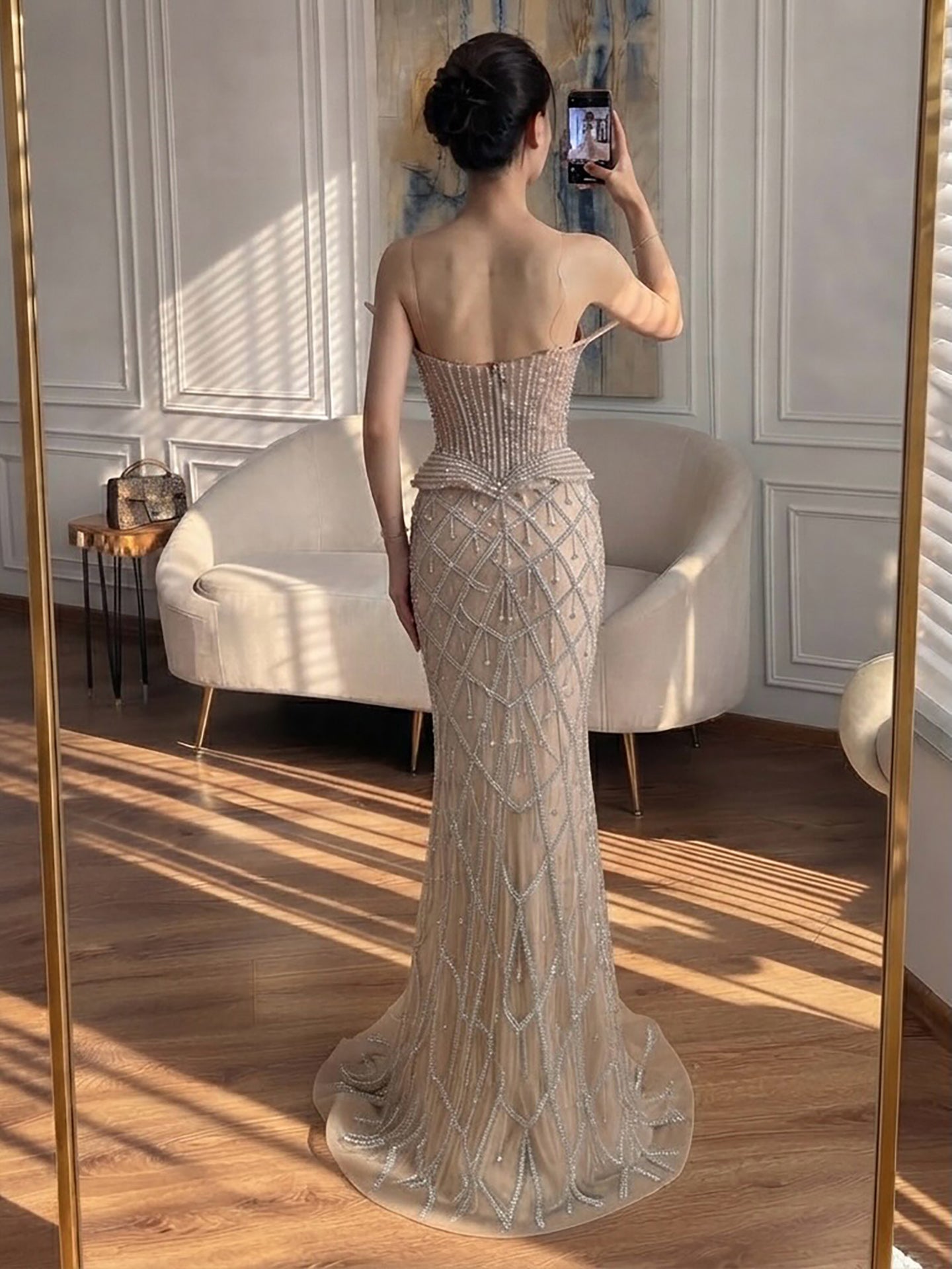 Luxury Nude Crystal Beaded Strapless Peplum Mermaid Dress LA73400B SERENE HILL