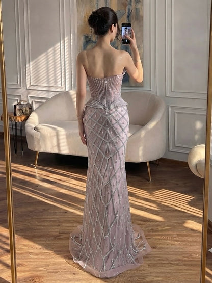 Luxury Nude Crystal Beaded Strapless Peplum Mermaid Dress LA73400B SERENE HILL