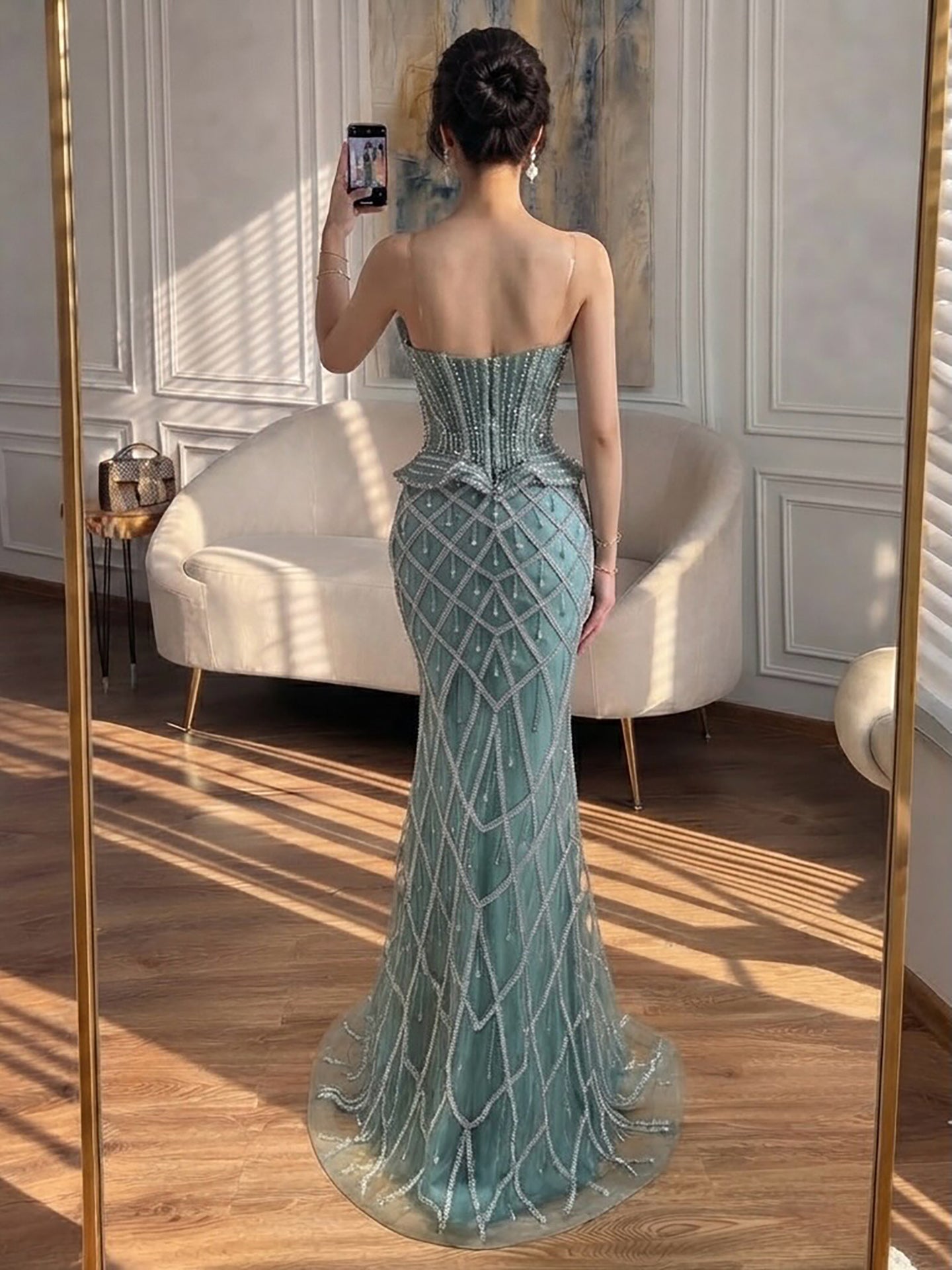 Luxury Nude Crystal Beaded Strapless Peplum Mermaid Dress LA73400B SERENE HILL