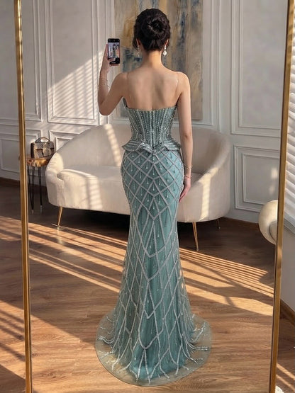 Luxury Nude Crystal Beaded Strapless Peplum Mermaid Dress LA73400B SERENE HILL
