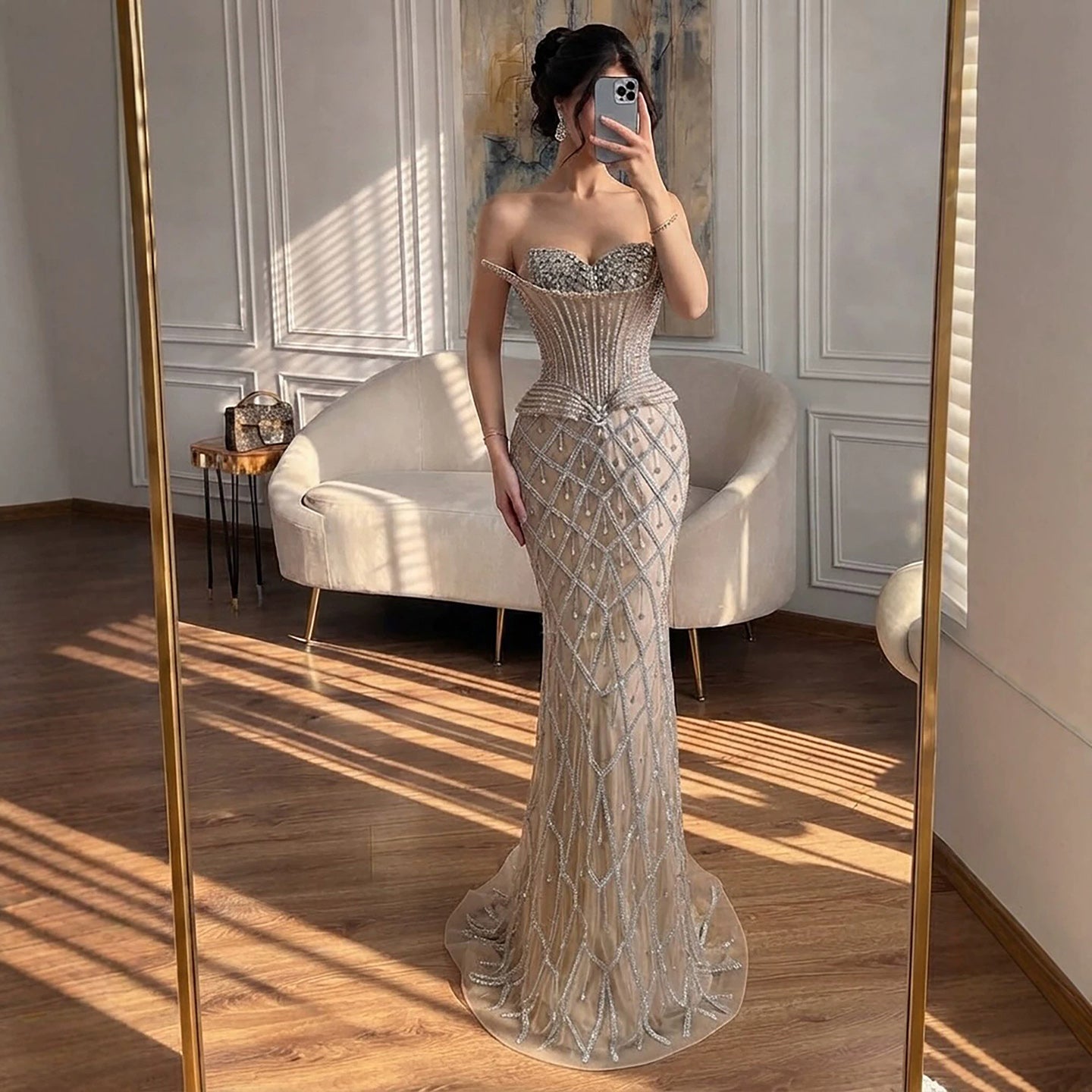 Luxury Nude Crystal Beaded Strapless Peplum Mermaid Dress LA73400B SERENE HILL
