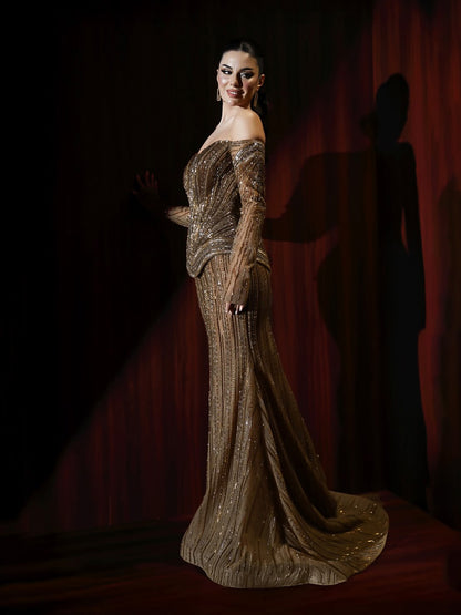 Luxury Brown Arabic Beaded Mermaid Evening Dress LA73403 - SERENE  HILL