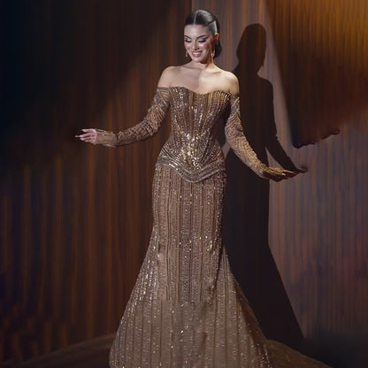 Luxury Brown Arabic Beaded Mermaid Evening Dress LA73403 - SERENE  HILL