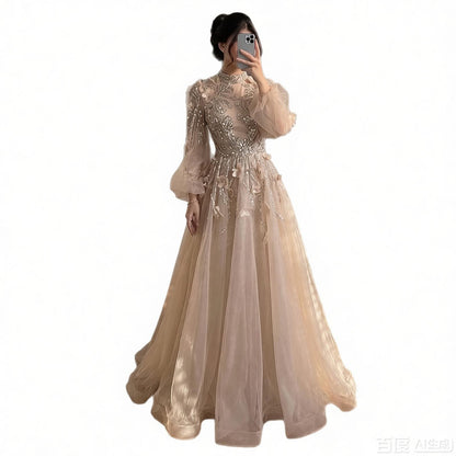 Luxury Nude Crystal Beaded Long Sleeve A-Line Evening Dress LA73406