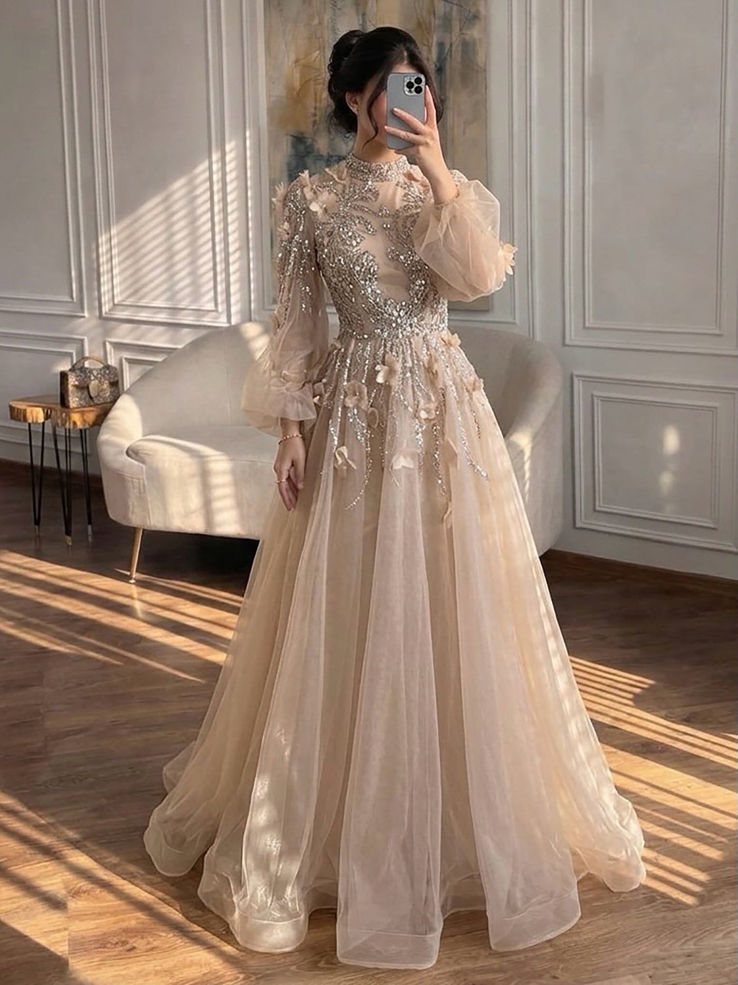 long sleeve crystal a line dress Long Sleeve Crystal A Line Maxi Dress Black