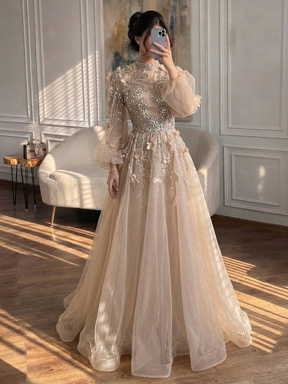 Luxury Nude Crystal Beaded Long Sleeve A-Line Evening Dress LA73406
