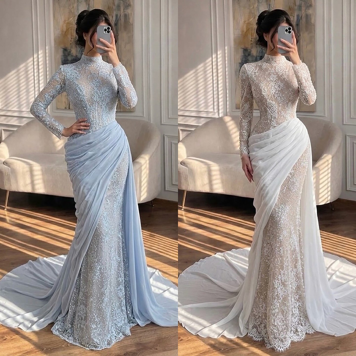 Luxury White Nude High Neck Beaded Mermaid Evening Dress LA73407A SERENE HILL