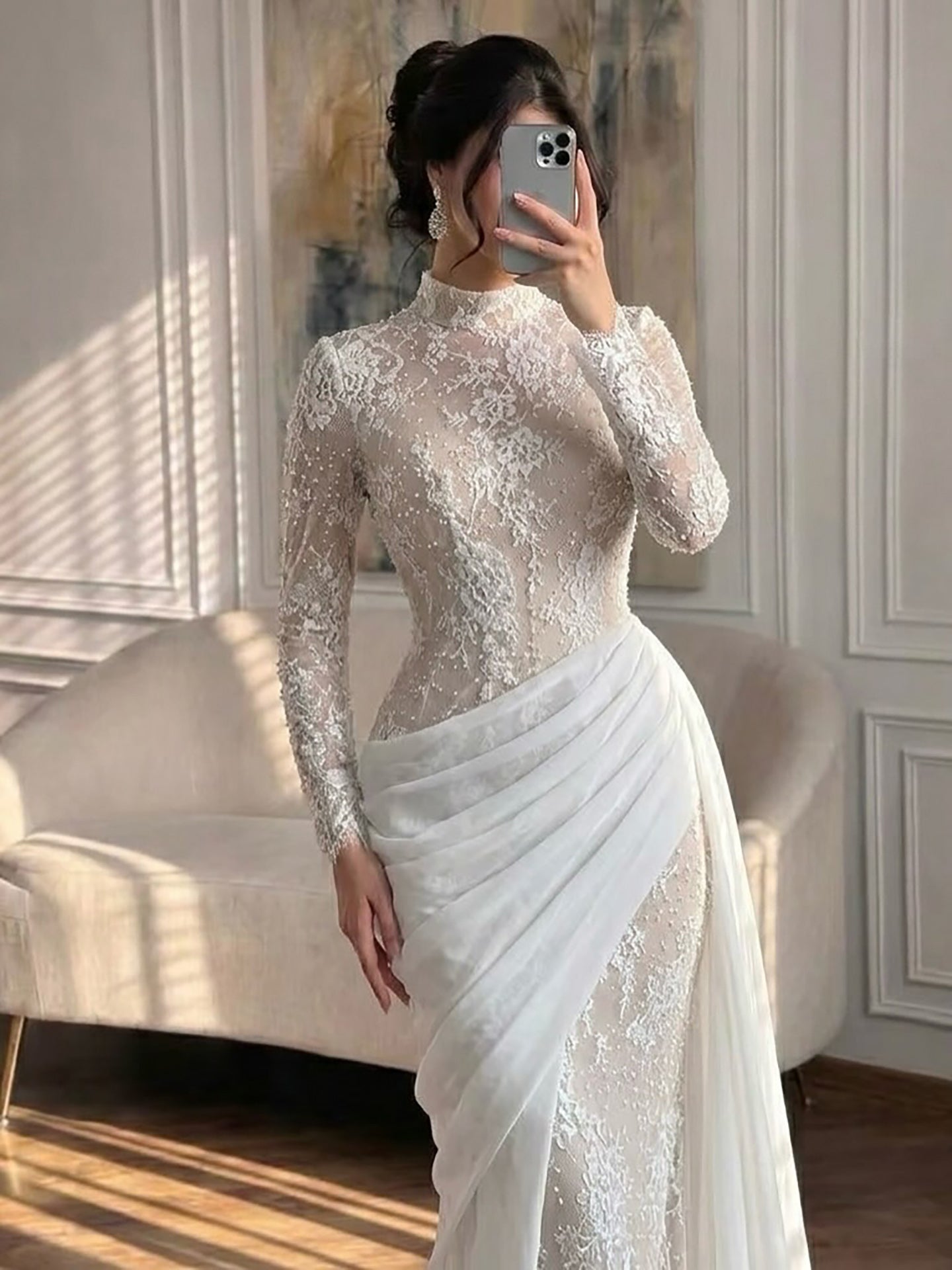 Luxury White Nude High Neck Beaded Mermaid Evening Dress LA73407A SERENE HILL