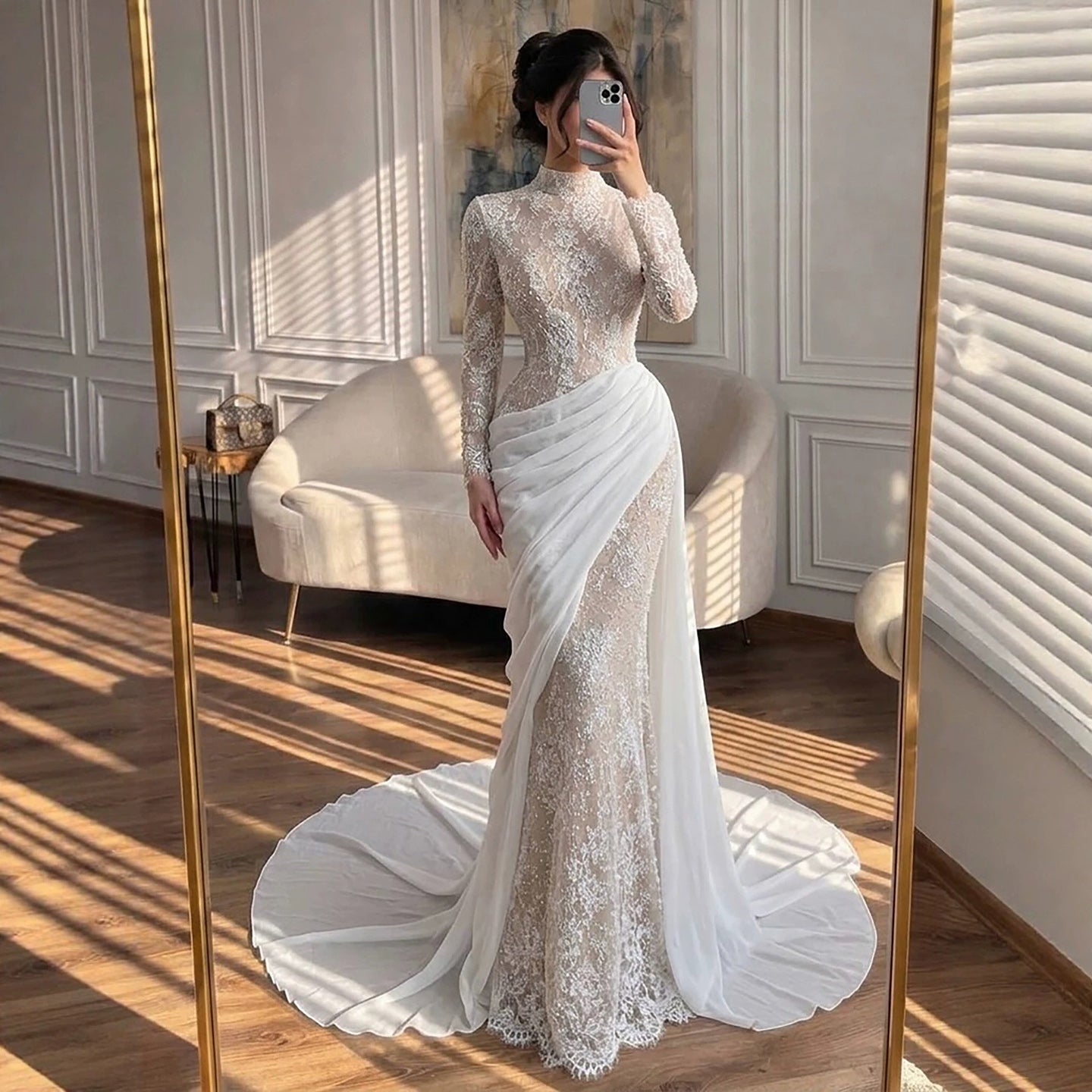Luxury White Nude High Neck Beaded Mermaid Evening Dress LA73407A SERENE HILL