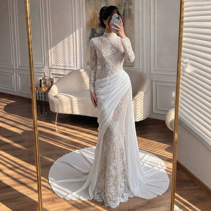 Luxury White Nude High Neck Beaded Mermaid Evening Dress LA73407A SERENE HILL