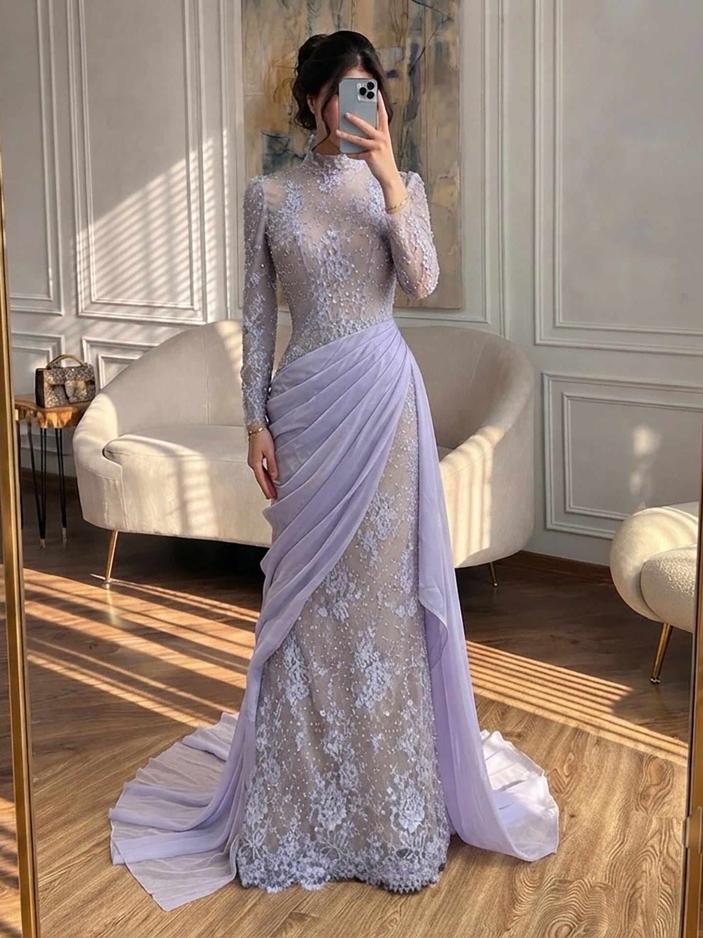 Luxury White Nude Modest  High Neck Beaded Mermaid Evening Dress LA73407A SERENE HILL