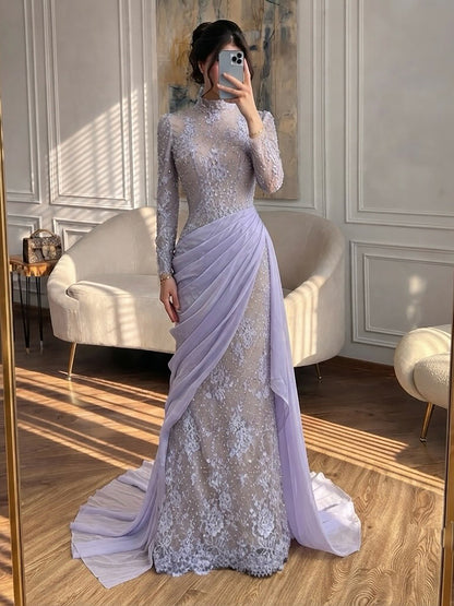 Luxury White Nude Modest  High Neck Beaded Mermaid Evening Dress LA73407A SERENE HILL