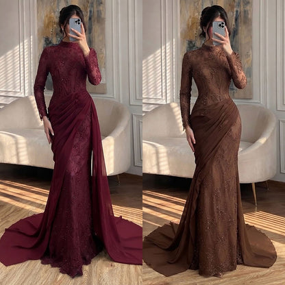 Luxury Wine Red High Neck Beaded Lace Mermaid Evening Dress LA73407B SERENE HILL
