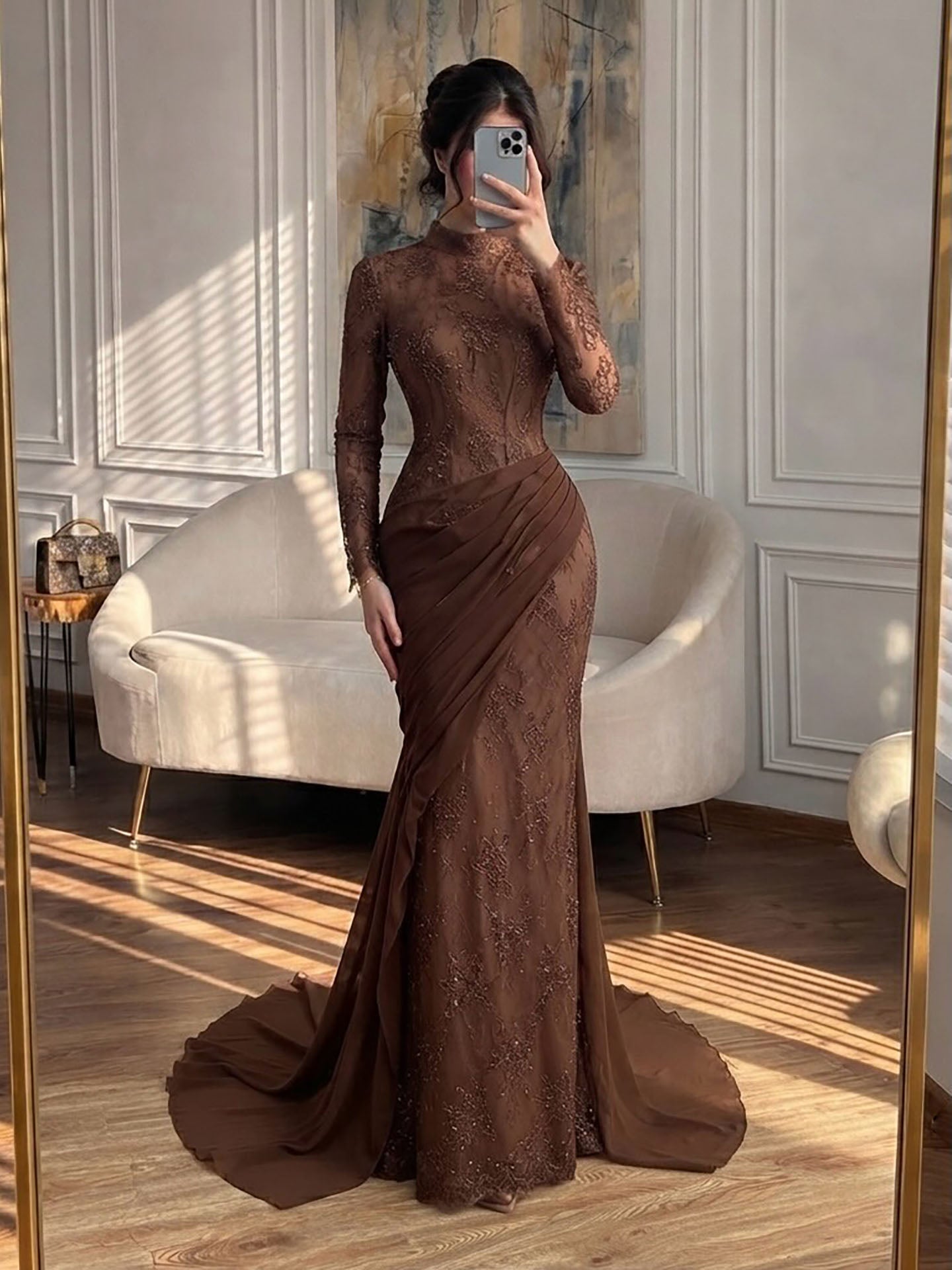 Luxury Wine Red High Neck Beaded Lace Mermaid Evening Dress LA73407B SERENE HILL