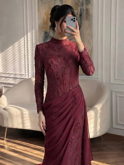 Luxury Wine Red High Neck Beaded Lace Mermaid Evening Dress LA73407B SERENE HILL