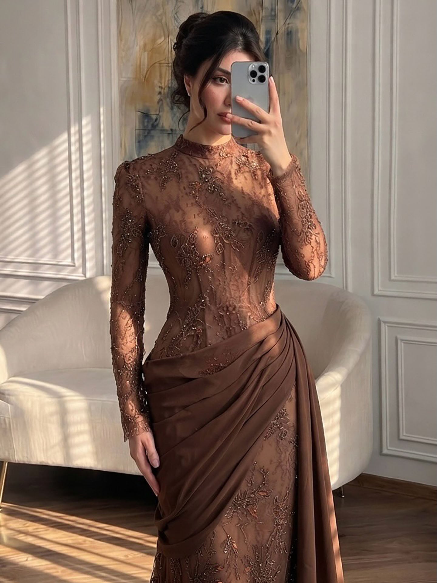 Luxury Wine Red High Neck Beaded Lace Mermaid Evening Dress LA73407B SERENE HILL