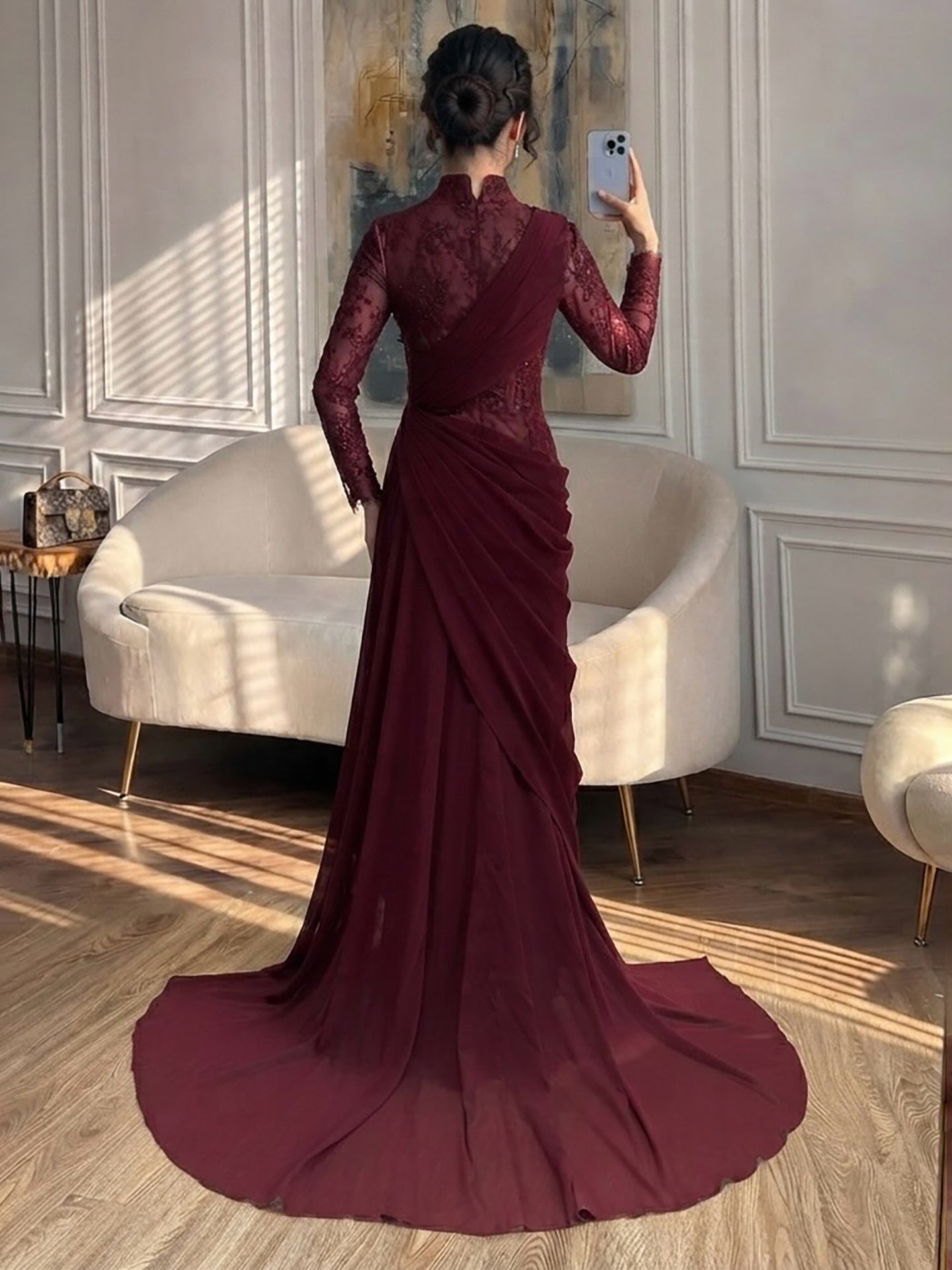 Luxury Wine Red High Neck Beaded Lace Mermaid Evening Dress LA73407B SERENE HILL